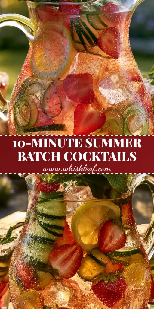 Summer Batch Cocktails: The Ultimate Sparkling Strawberry-Cucumber Rose Spritzer 4 A massive, sweating pitcher of rose-gold summer batch cocktails with strawberries, cucumber ribbons, and mint on a sun-drenched table.
