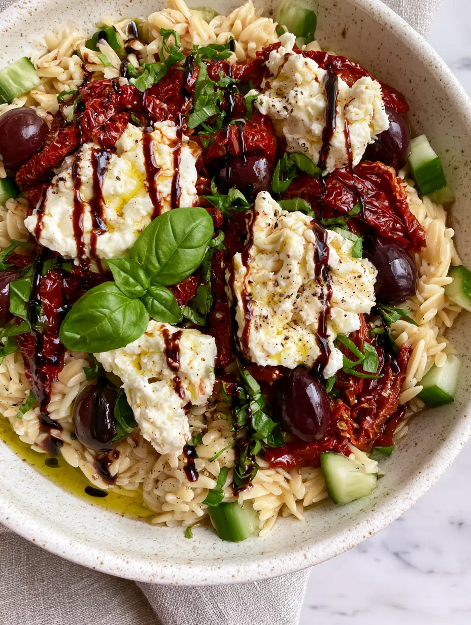 Balsamic Orzo Salad with Creamy Feta and Sun-Dried Tomatoes 3 High-angle shot of a balsamic orzo salad showing glistening pasta and syrupy glaze drizzles. (balsamic orzo salad)