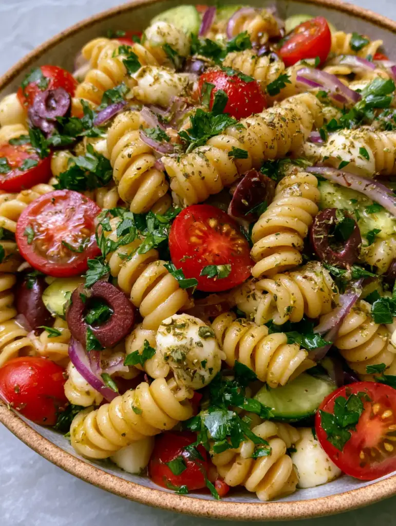 Gluten-Free Italian Pasta Salad with Zesty Herb Vinaigrette 1 Aerial view of Italian pasta salad showing kalamata olives, red onions, and fresh mozzarella pearls.