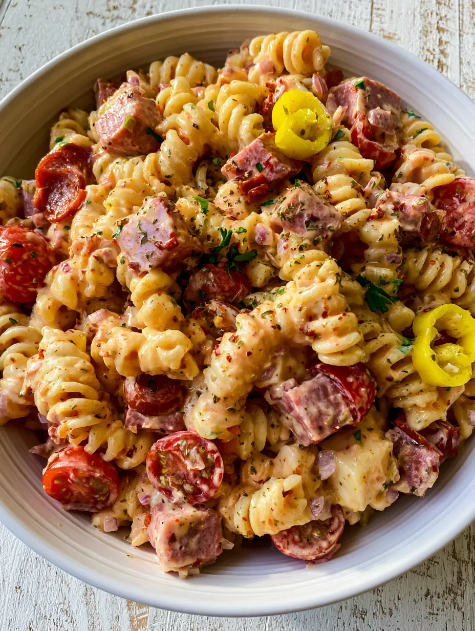Chopped Grinder Pasta Salad with Creamy Herb Dressing 3 Close up of chopped grinder pasta salad showing rotini spirals, cubed salami, and flecks of dried oregano in a glossy dressing.