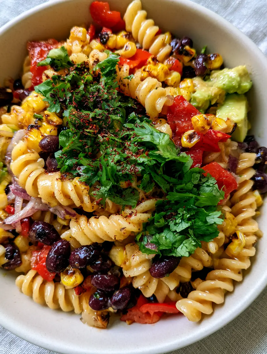 Black Bean and Corn Pasta Salad with Zesty Lime Glaze 4 Top-down angled close-up of fusilli pasta mixed with fire-roasted corn and glossy black beans. (black bean and corn pasta salad)