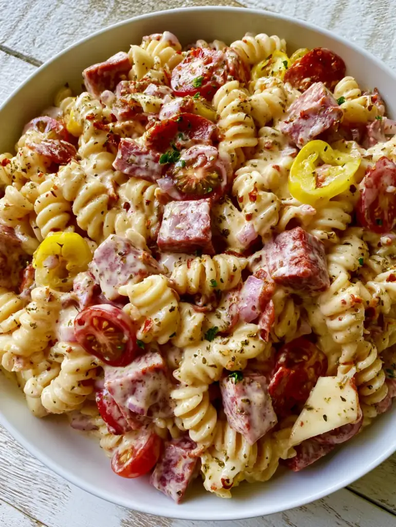 Chopped Grinder Pasta Salad with Creamy Herb Dressing 1 Top-down view of a large bowl of chopped grinder pasta salad with bright yellow pepperoncinis and red cherry tomatoes.