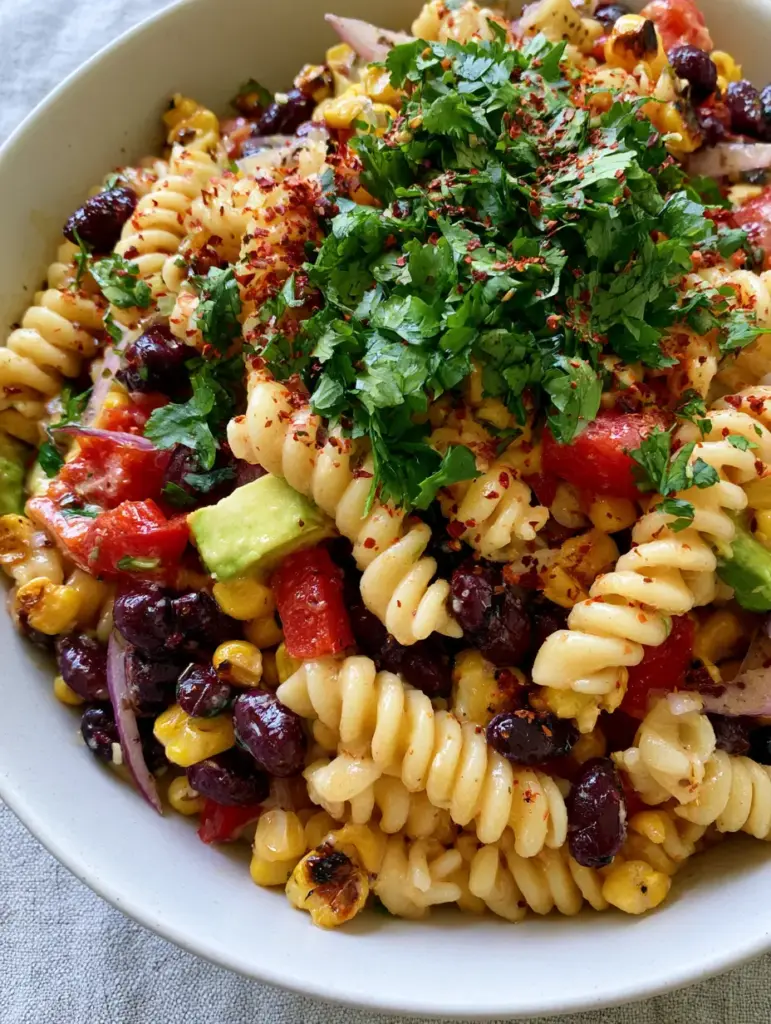 Black Bean and Corn Pasta Salad with Zesty Lime Glaze 1 A wide shot of the black bean and corn pasta salad garnished with emerald cilantro and chili flakes.