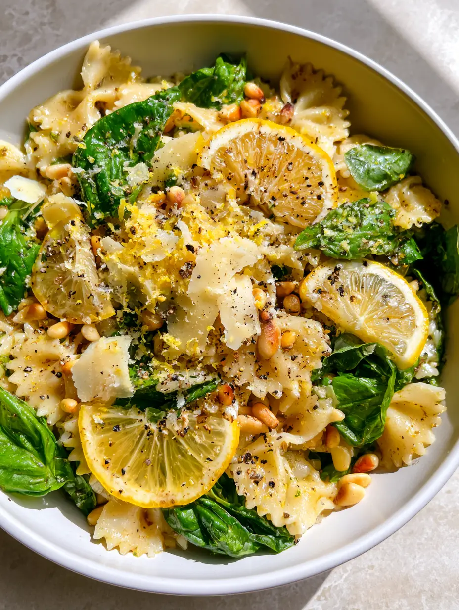 Top-down macro shot of Lemon Basil pasta Salad showing translucent vinaigrette highlights on farfalle ribbons. (Lemon Basil pasta Salad)