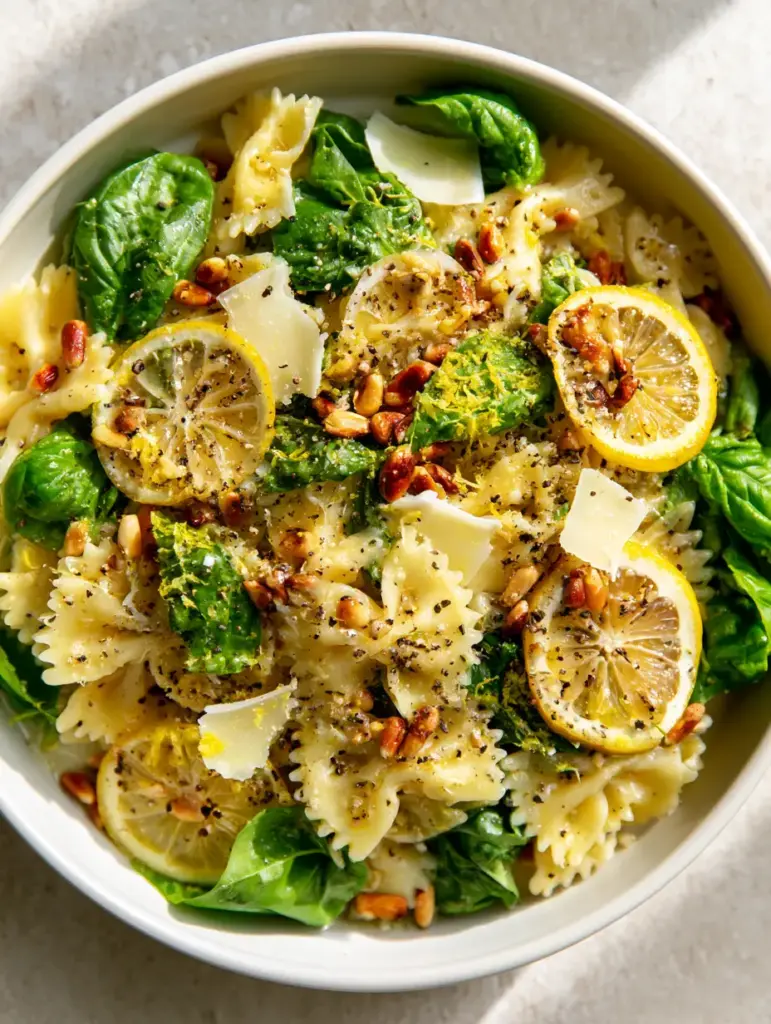 Close up of Lemon Basil pasta Salad highlighting paper-thin lemon slices, toasted pine nuts, and micro-planed zest.