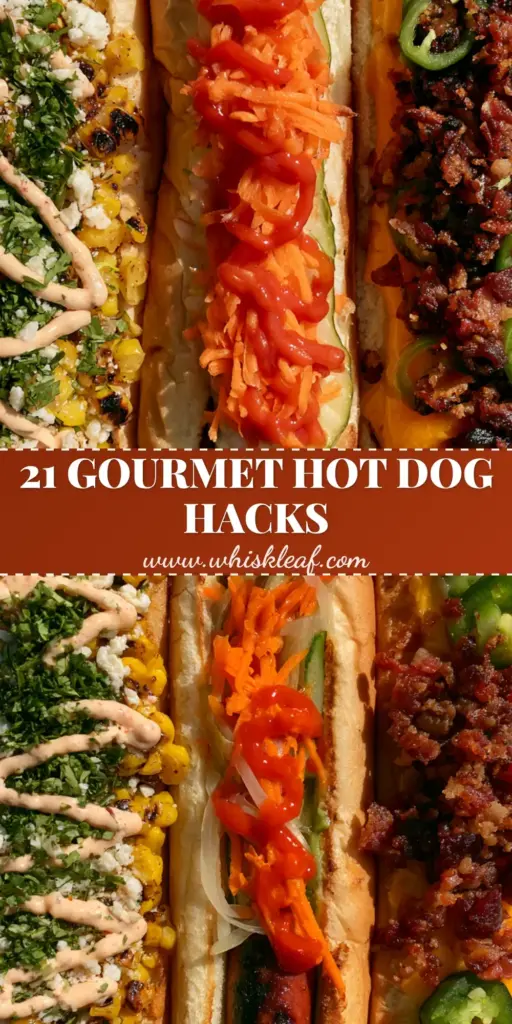 A professional overhead shot of three gourmet hot dogs with diverse toppings like charred corn, pickled carrots, and crispy bacon on a marble surface. (hot dogs)