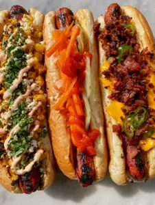 Close-up of charred beef hot dogs in toasted brioche buns with vibrant toppings and sriracha swirls under golden hour light. (hot dogs)