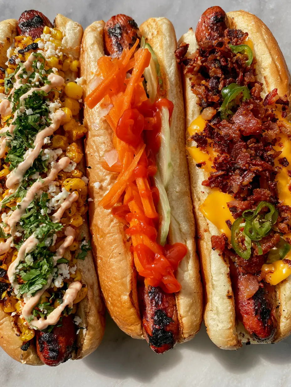 Close-up of charred beef hot dogs in toasted brioche buns with vibrant toppings and sriracha swirls under golden hour light. (hot dogs)
