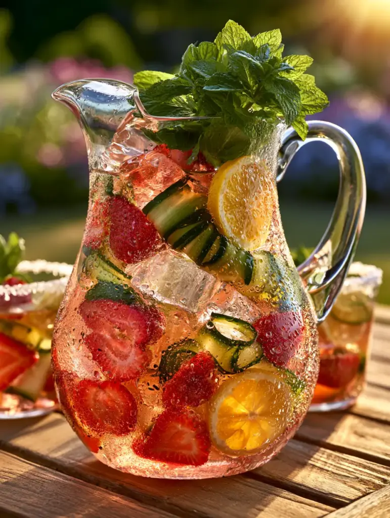 Summer Batch Cocktails: The Ultimate Sparkling Strawberry-Cucumber Rose Spritzer 1 Two salt-rimmed glasses filled with summer batch cocktails next to a large pitcher on a wooden outdoor table.