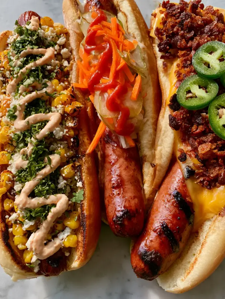 Detail shot of gourmet hot dogs featuring melted cheddar, crispy bacon, and fresh jalapeño slices on a light marble background.