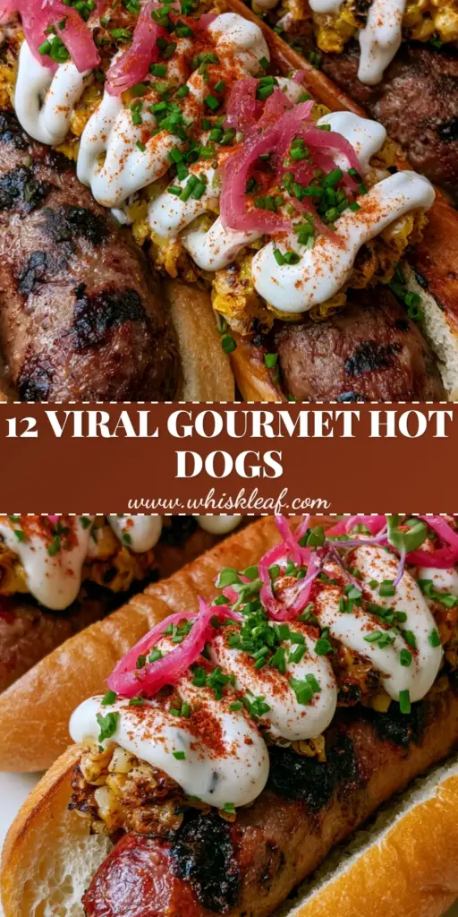 Gourmet Hot Dogs with Charred Elote Corn and Lime Crema 3 A top-down view of three luxury Gourmet hot dogs with charred corn, cotija cheese, and pink pickled onions on a marble slab.