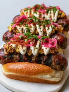 Close up of Gourmet hot dogs showing glistening beef sausages and charred elote corn mix.