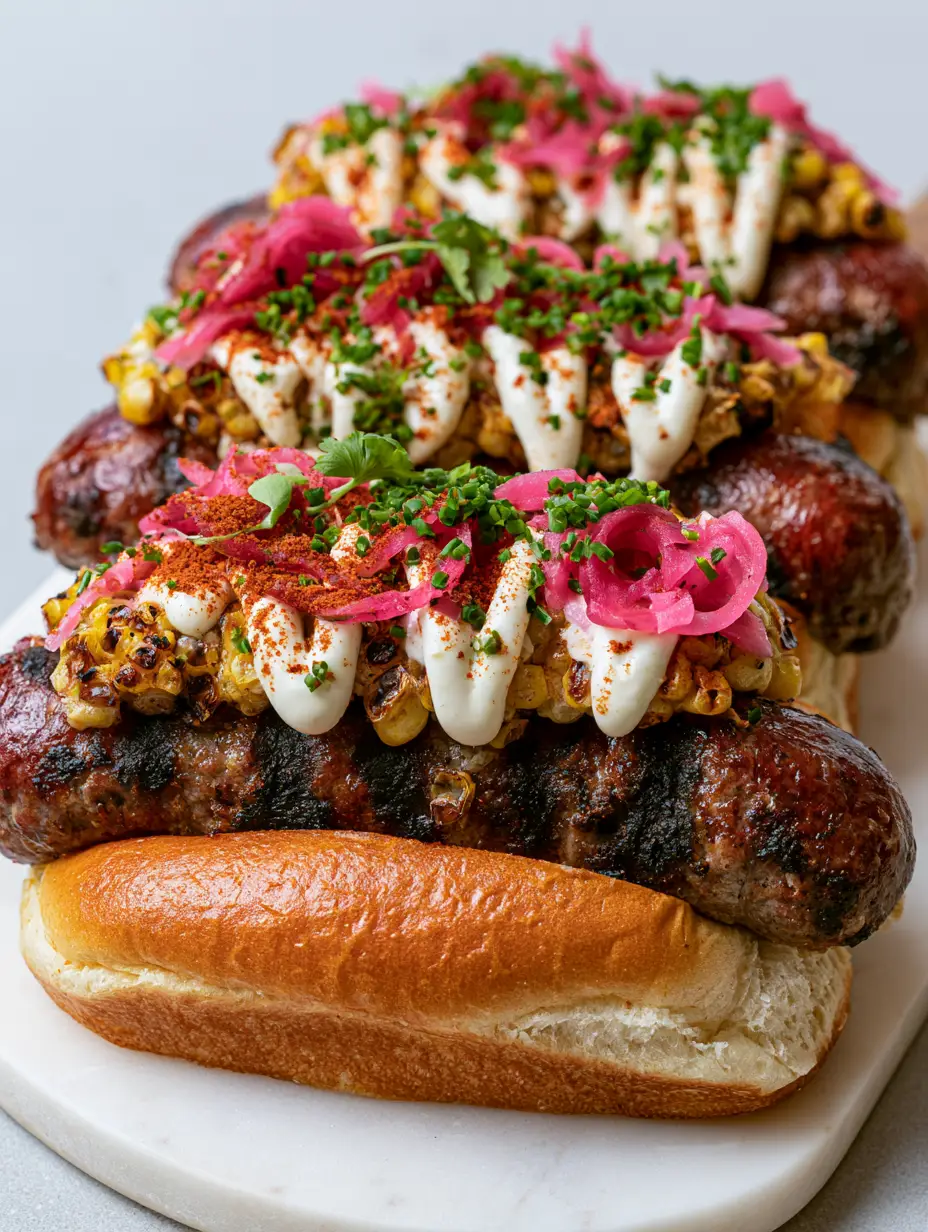 Gourmet Hot Dogs with Charred Elote Corn and Lime Crema 4 Close up of Gourmet hot dogs showing glistening beef sausages and charred elote corn mix.