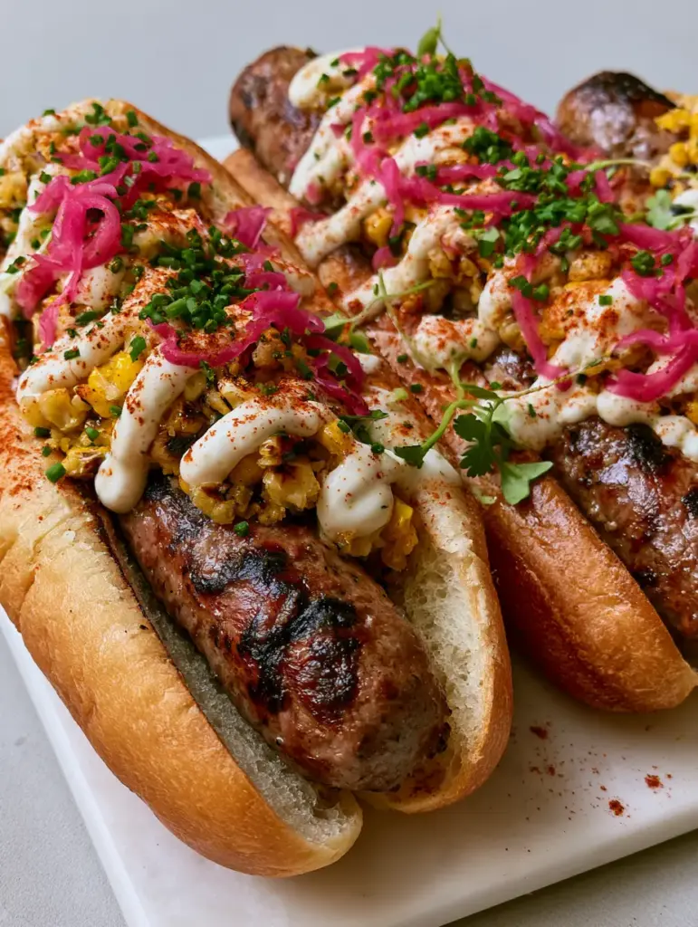 Gourmet Hot Dogs with Charred Elote Corn and Lime Crema 1 A detailed shot of the lime crema drizzle and pickled red onion curls on Gourmet hot dogs.