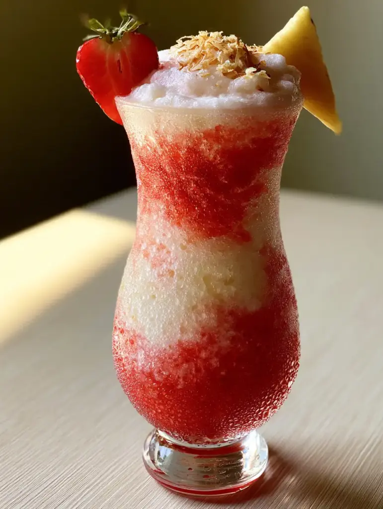 Strawberry Piña Colada: The Ultimate Layered Frozen Tropical Cocktail 1 Strawberry Piña Colada on a wooden table in golden hour sunlight with a pineapple wedge and toasted coconut.