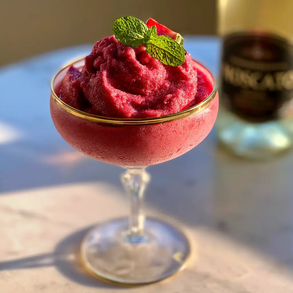 Wine Slushies with Moscato and Frozen Strawberries 2 Handheld photo of a thick strawberry wine slushie in a vintage coupe glass showing soft-serve swirls. (wine slushies)