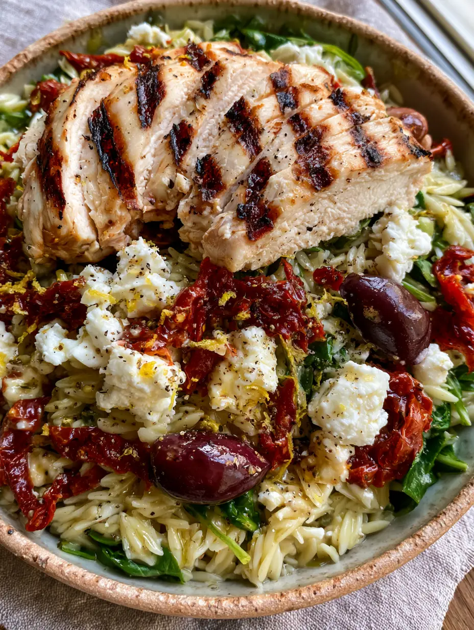 Close-up of Grilled chicken orzo salad with visible char marks on chicken and glistening vinaigrette on al dente pasta.