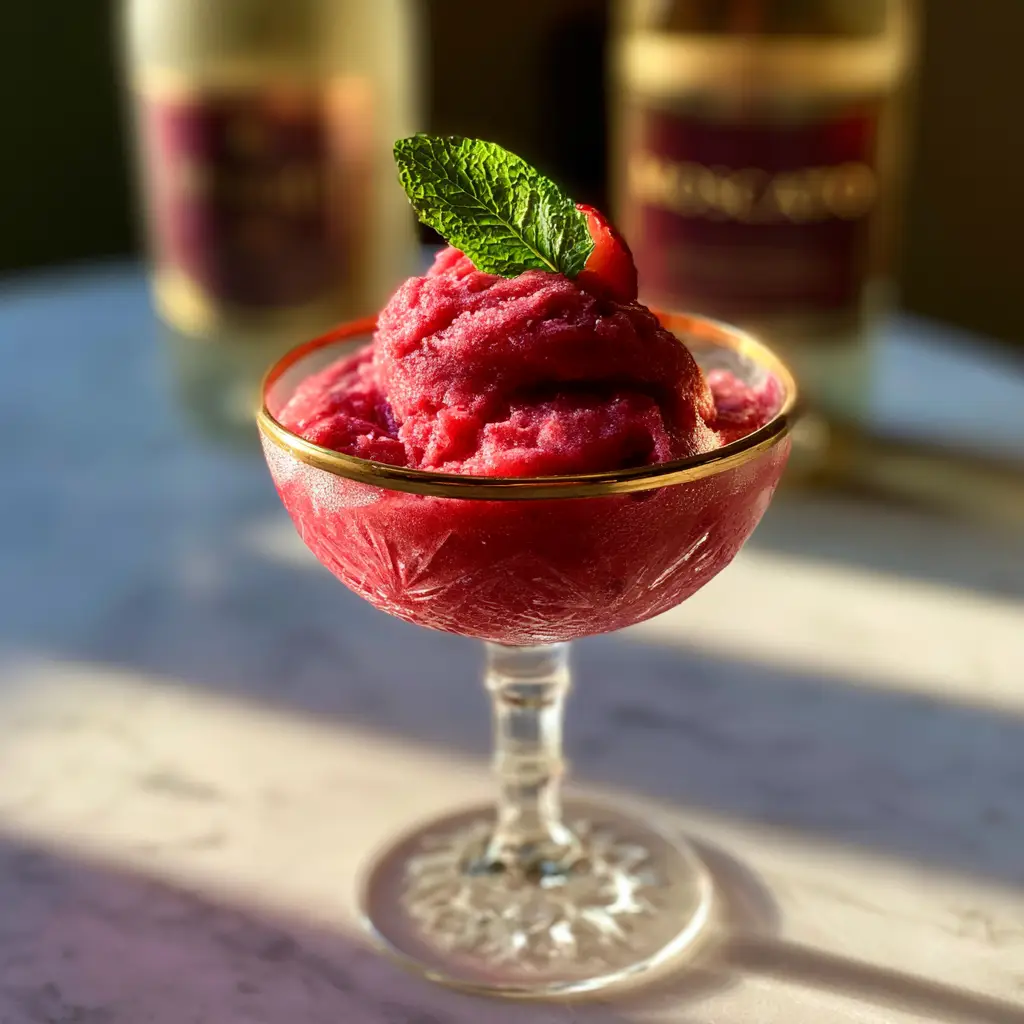Wine Slushies with Moscato and Frozen Strawberries 1 A vibrant fuchsia wine slushie garnished with mint and a strawberry wedge in golden afternoon light.