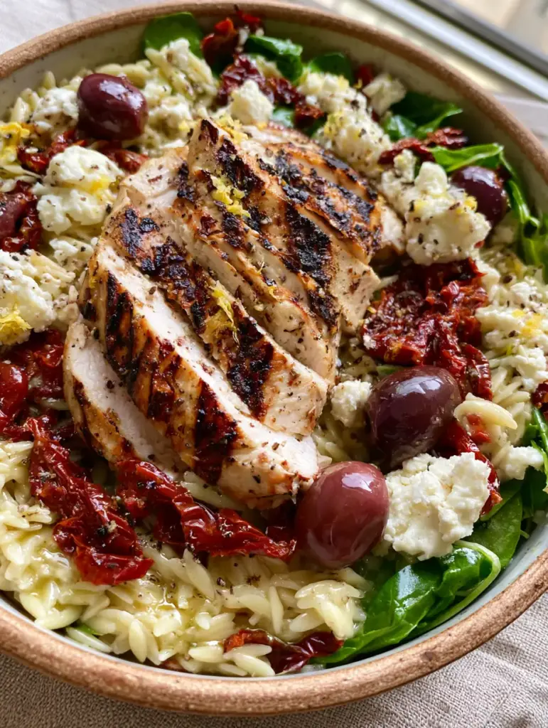 High angle shot of the Grilled chicken orzo salad showing the feta chunks, sun-dried tomatoes, and lemon zest garnish.