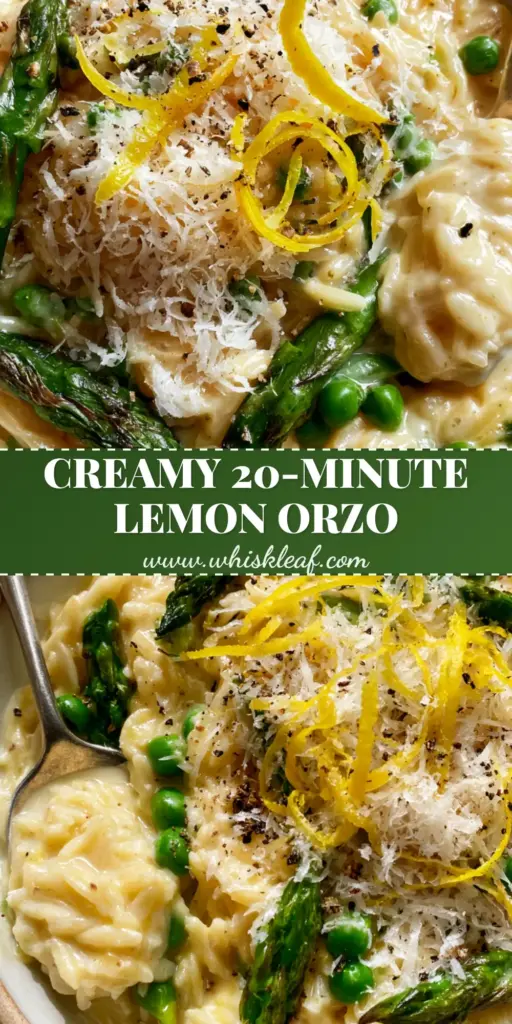 Orzo with Asparagus and Peas: A Creamy Lemon-Butter Spring Masterpiece 4 A shallow ceramic bowl of creamy orzo with asparagus and peas, topped with lemon zest curls and micro-planed parmesan.