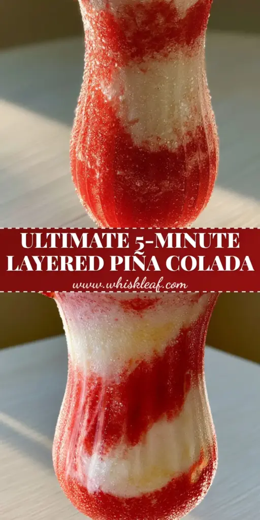Strawberry Piña Colada: The Ultimate Layered Frozen Tropical Cocktail 3 A layered Strawberry Piña Colada in a hurricane glass with a thick white top, vibrant red base, and toasted coconut garnish.