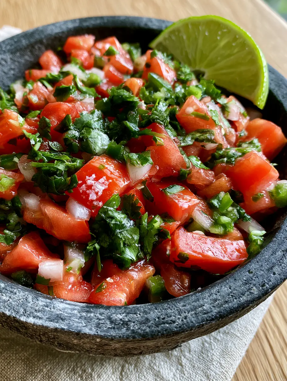 High-angle shot of pico de gallo showing uniform cubes of tomato and onion with visible salt flakes and a lime wedge.