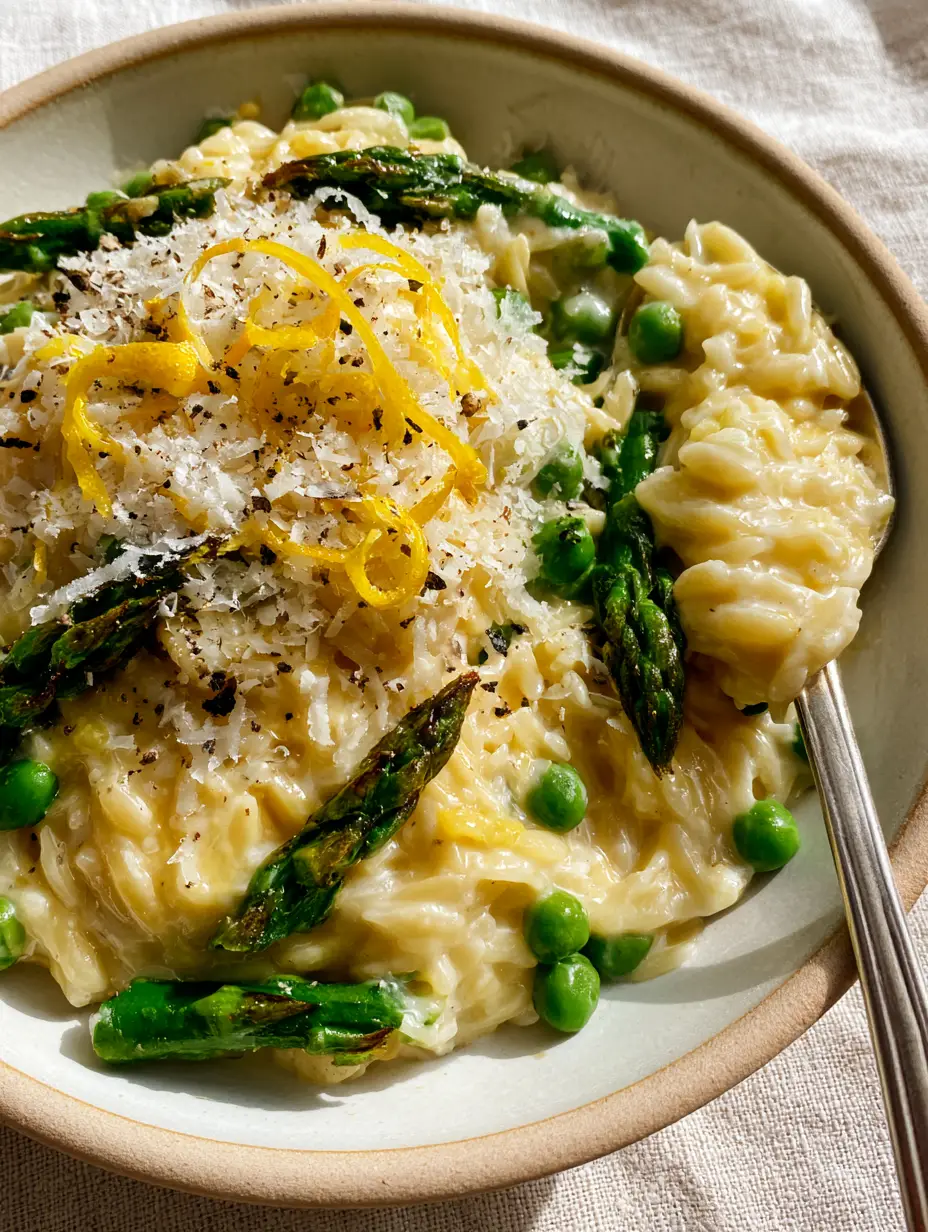 Orzo with Asparagus and Peas: A Creamy Lemon-Butter Spring Masterpiece 3 Top-down view of glossy orzo with asparagus and peas in a ceramic bowl with a silver spoon. (orzo with asparagus and peas)