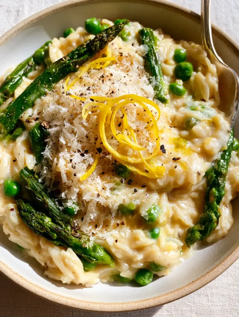 Orzo with Asparagus and Peas: A Creamy Lemon-Butter Spring Masterpiece 1 Detailed texture of micro-planed parmesan and lemon zest over orzo with asparagus and peas.