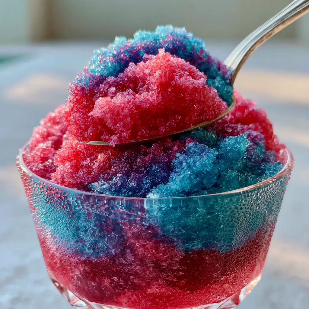 Slushie Machine Recipes: Master the Art of Micro-Crystalline Layered Sips 1 A silver spoon scooping a dense mound of blue raspberry slushie from a crystal glass covered in droplets.