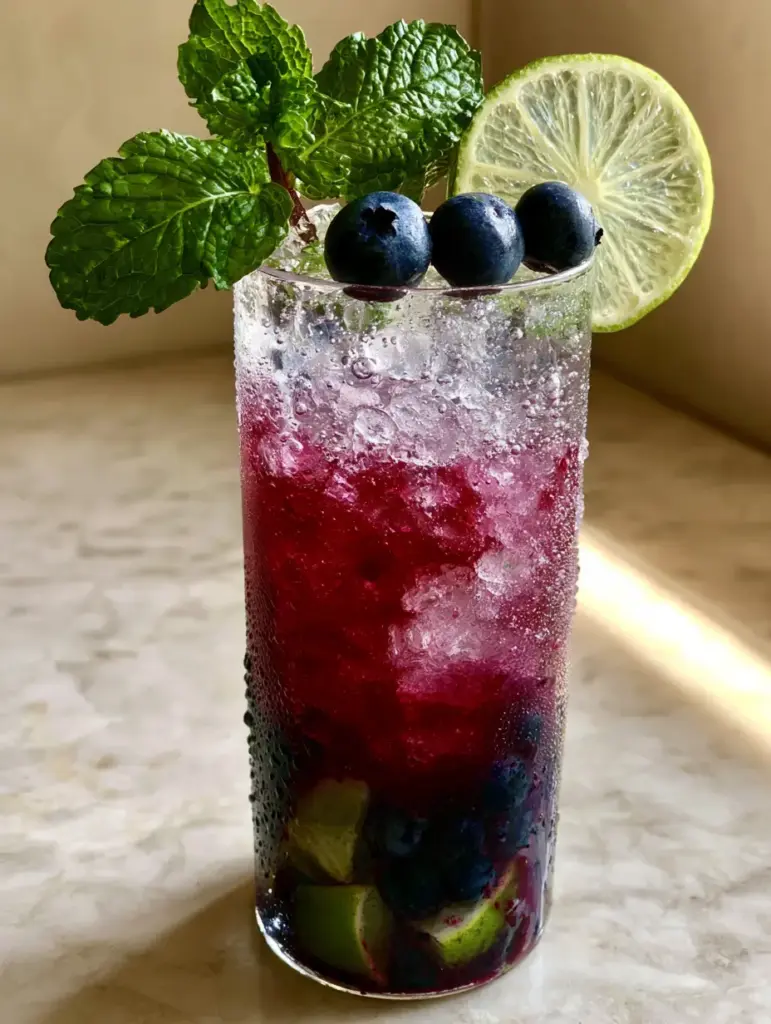 Blueberry Mojito Recipe: The Ultimate Layered Summer Cocktail Guide 2 Close up shot of a layered blueberry mojito recipe with visible carbonation and a paper-thin lime wheel. (blueberry mojito recipe)