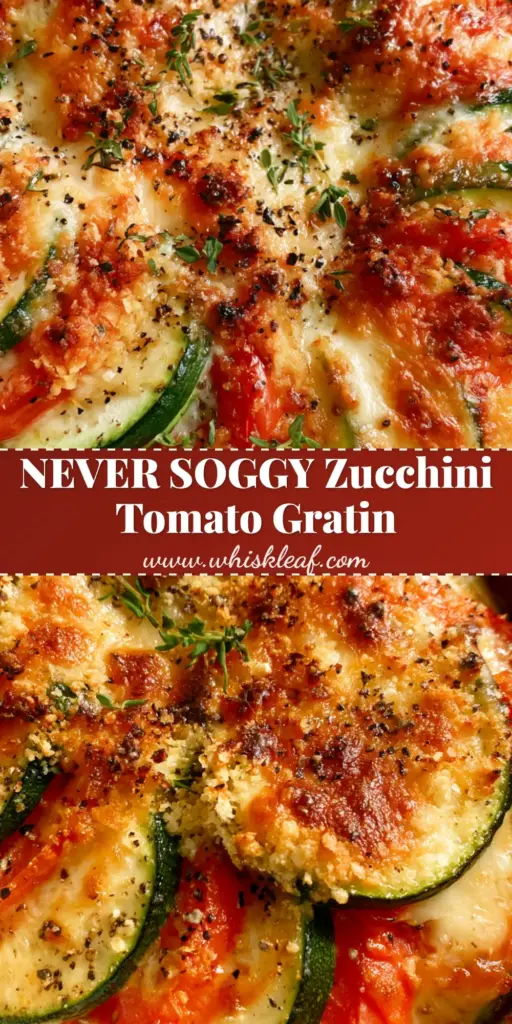 An overhead shot of a Zucchini and tomato gratin in a white ceramic dish, featuring shingled layers and a charred Parmesan crust.