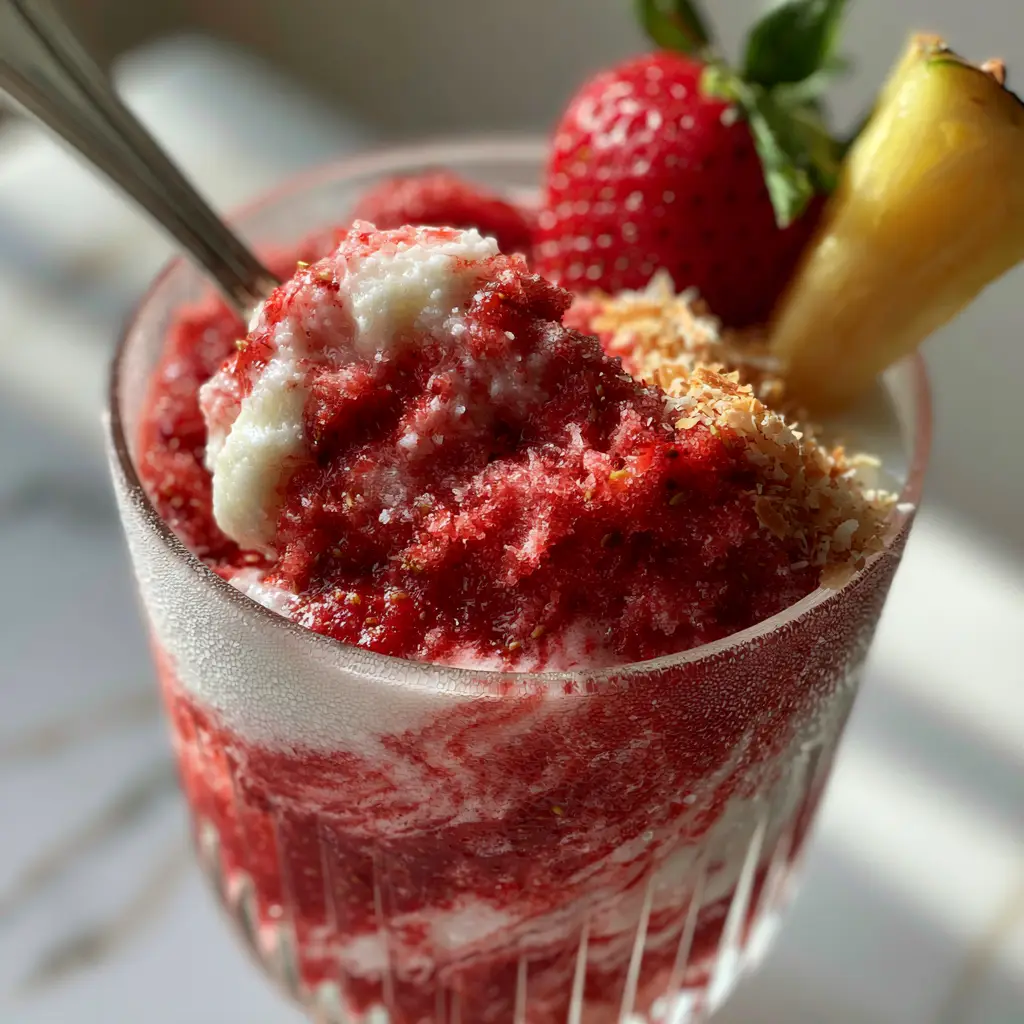 Strawberry Colada: The Ultimate Thick and Spoonable Frozen Tropical Treat 2 Extreme macro close-up showing the dense, frosty texture of a strawberry colada and the silver spoon lifting a creamy glob. (strawberry colada)