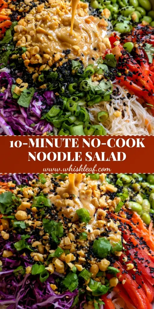 No Cook Noodle Salad with Creamy Peanut Dressing 4 A vibrant No Cook Noodle Salad in a white bowl featuring purple cabbage, carrots, edamame, and a creamy peanut drizzle.