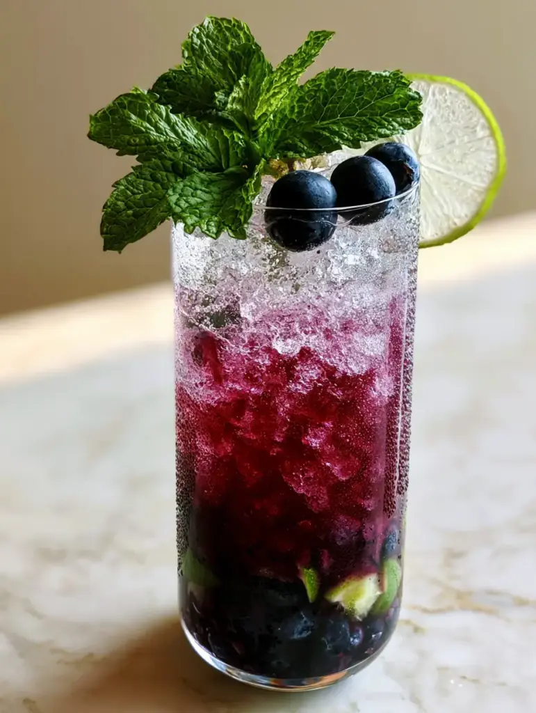 Blueberry Mojito Recipe: The Ultimate Layered Summer Cocktail Guide 1 A handheld photo of a blueberry mojito on a marble background with soft natural light. (blueberry mojito recipe)