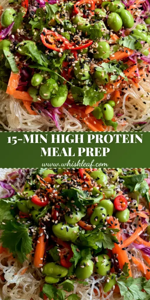 Edamame Rice Noodle Salad with Zesty Ginger Lime Vinaigrette 4 A vibrant top-down shot of an Edamame rice noodle salad in a textured white bowl featuring purple cabbage, julienned carrots, and cilantro.