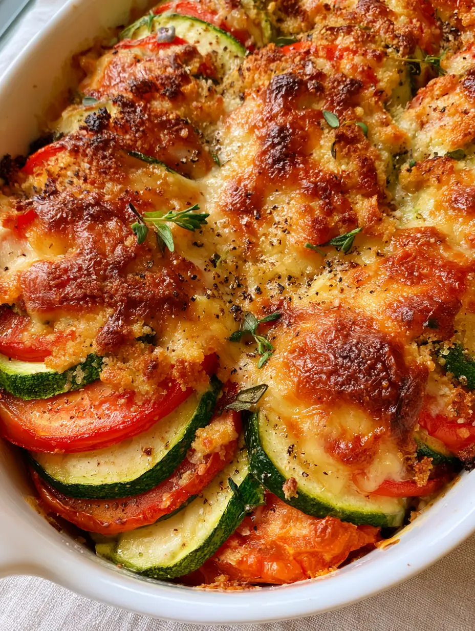 Close-up of shingled zucchini and tomato slices with melted, bubbly Parmesan cheese and fresh thyme. (Zucchini and tomato gratin)
