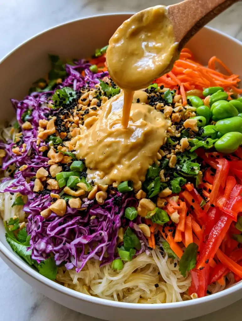 No Cook Noodle Salad with Creamy Peanut Dressing 2 High-angle view of a fresh Asian Vermicelli Salad with distinct sections of colorful vegetables and black sesame seeds. (No Cook Noodle Salad)