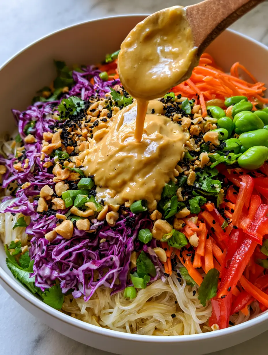 No Cook Noodle Salad with Creamy Peanut Dressing 3 High-angle view of a fresh Asian Vermicelli Salad with distinct sections of colorful vegetables and black sesame seeds. (No Cook Noodle Salad)