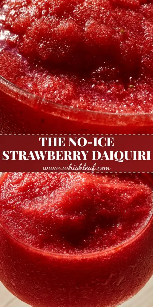 A thick, ruby-red frozen strawberry daiquiri in a frosted crystal glass with a lime wheel and strawberry slice garnish. (strawberry daiquiri)