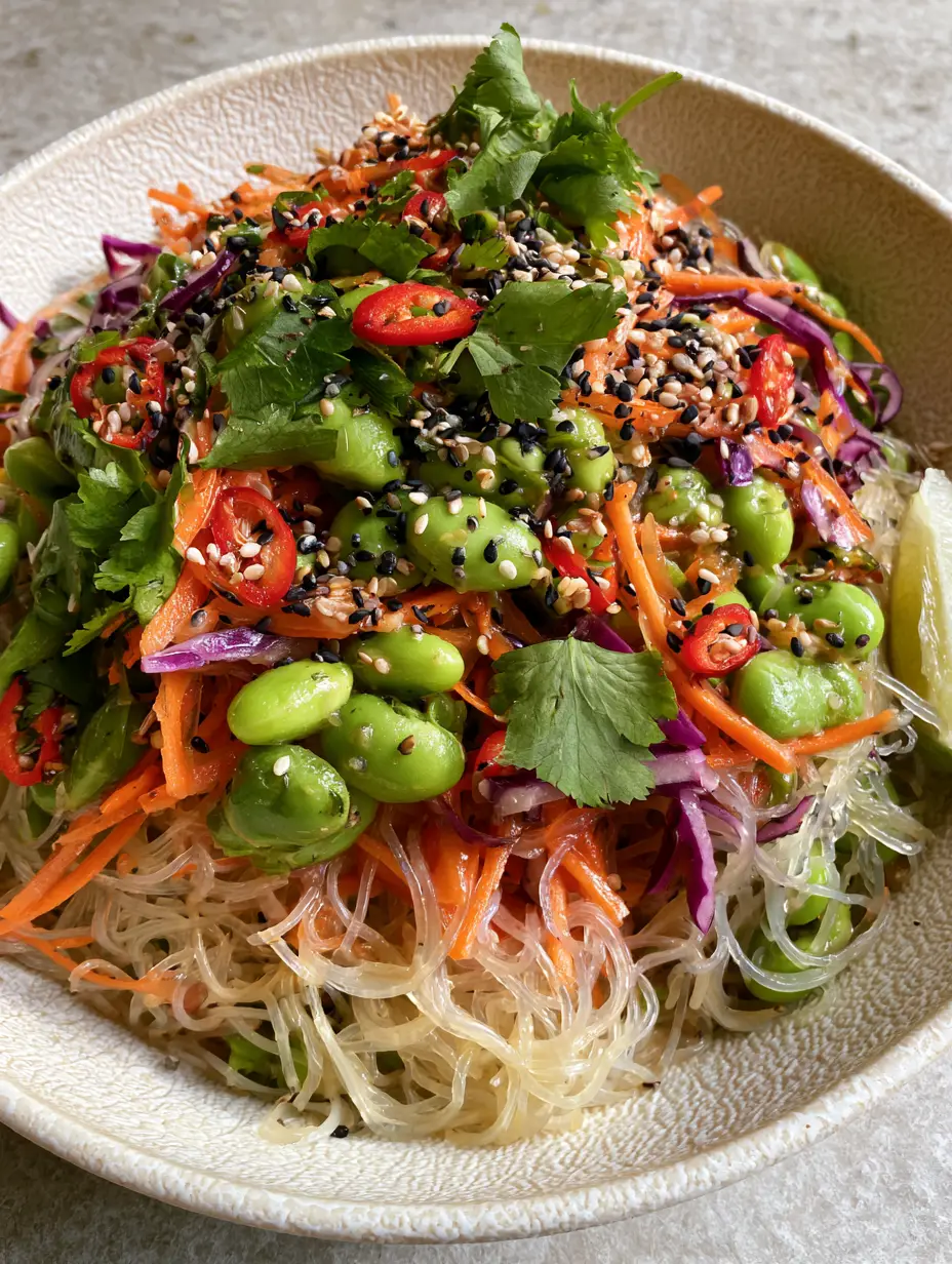 Edamame Rice Noodle Salad with Zesty Ginger Lime Vinaigrette 3 Close-up of translucent rice noodles and bright green edamame in an Edamame rice noodle salad.