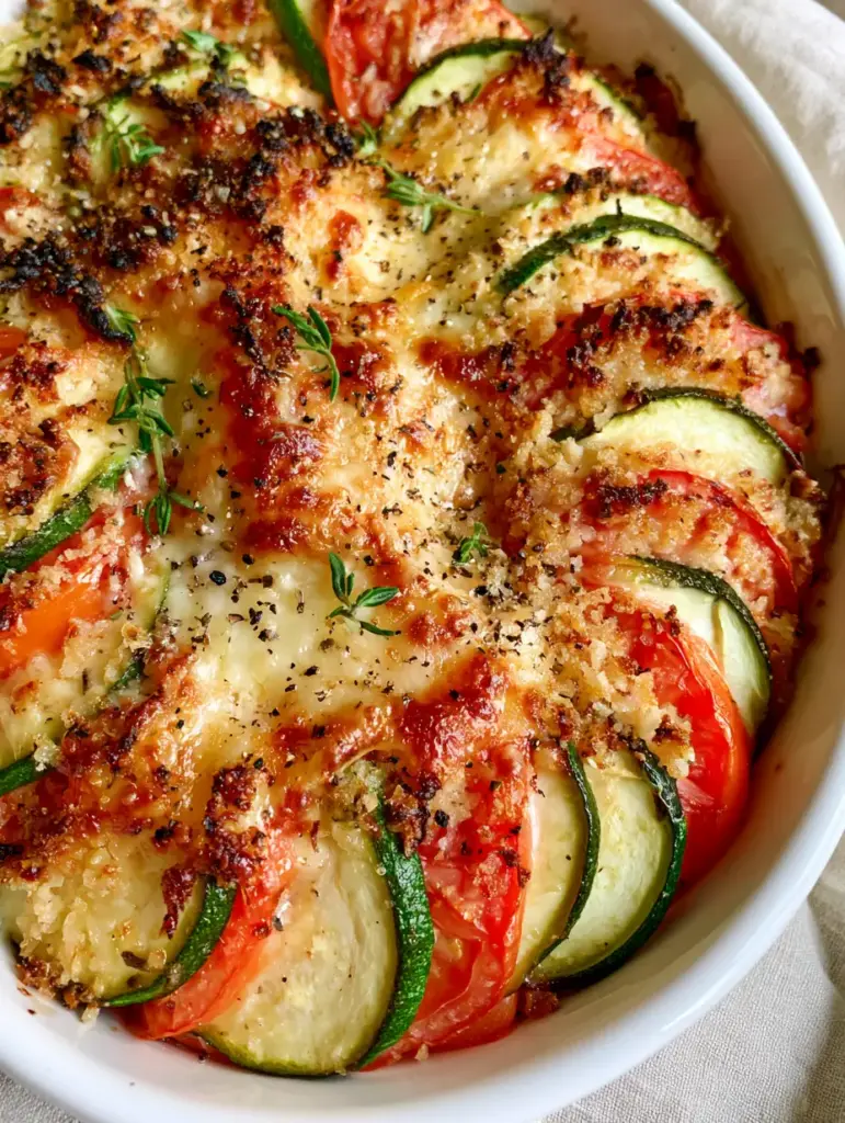 Detailed view of the golden-brown almond flour crust and blistered cheese on a Zucchini and tomato gratin.