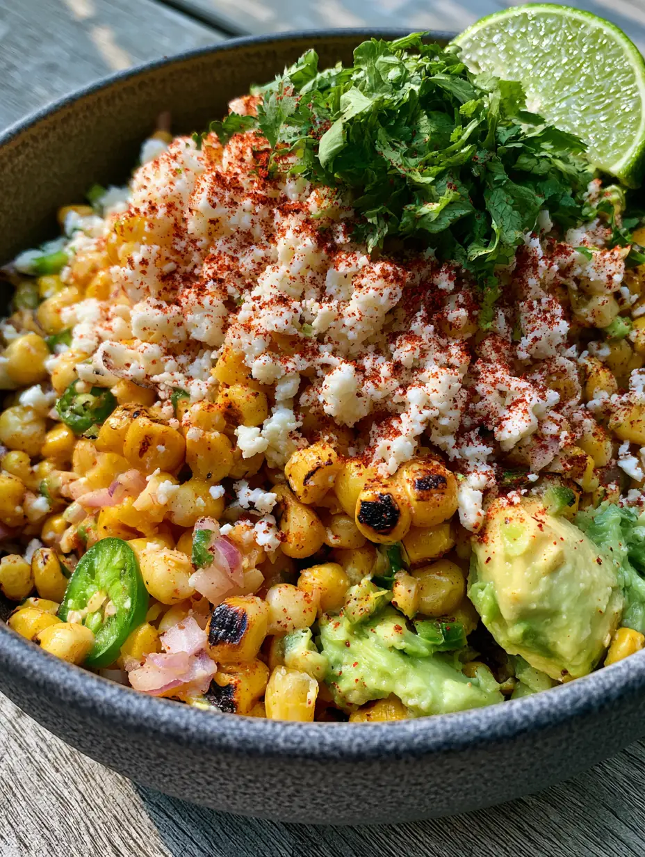 Summer Corn Salad with Charred Corn and Creamy Avocado 4 Overhead handheld smartphone photo of a vibrant Summer corn salad in a rustic ceramic bowl on a wooden table. (Summer corn salad)