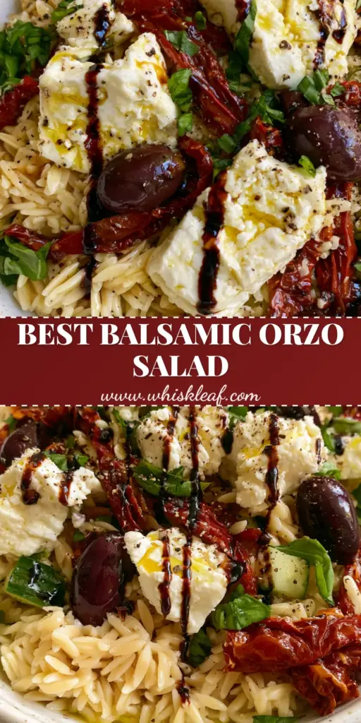 Balsamic Orzo Salad with Creamy Feta and Sun-Dried Tomatoes 4 A gourmet balsamic orzo salad with thick glaze drizzles, feta chunks, and fresh basil in a speckled bowl. (balsamic orzo salad)