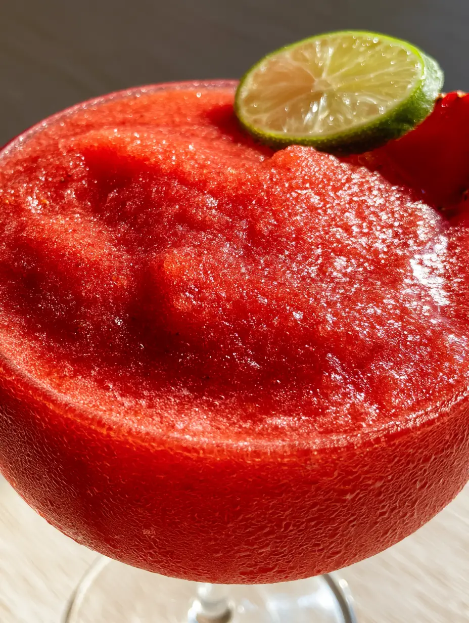 Ultra-close-up of a dense, frost-covered strawberry daiquiri surface in a crystal glass. (strawberry daiquiri)