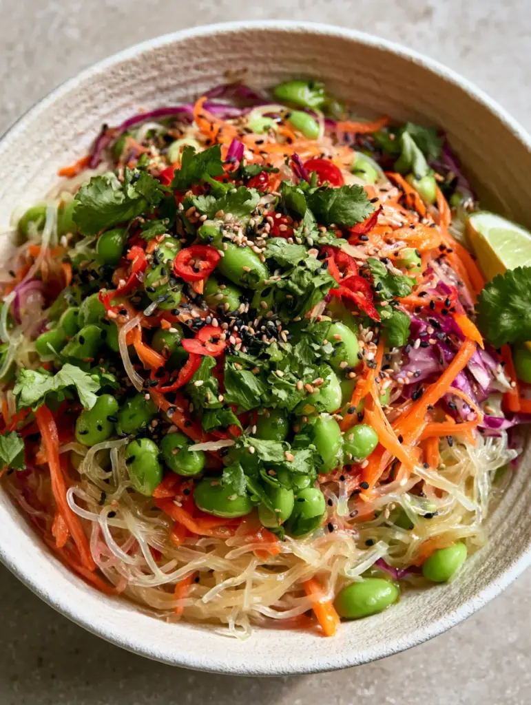 Edamame Rice Noodle Salad with Zesty Ginger Lime Vinaigrette 1 Top-down view of the Edamame rice noodle salad showing red Fresno chilis and sesame seed garnishes.