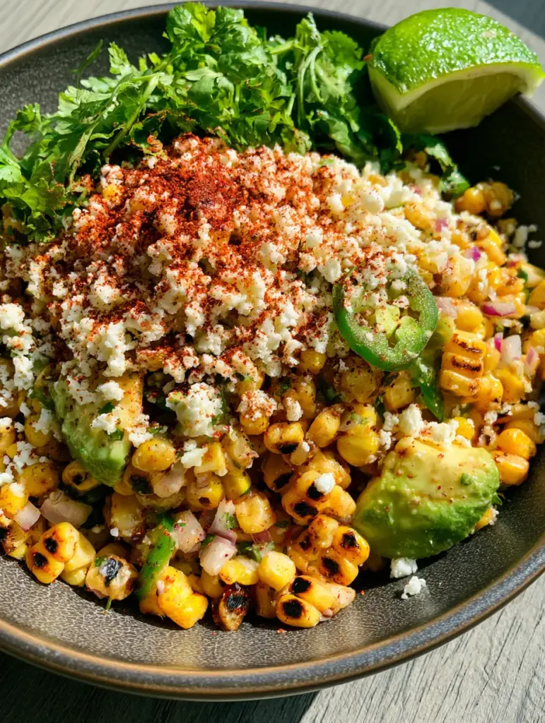 Summer Corn Salad with Charred Corn and Creamy Avocado 1 Macro shot focusing on the texture of charred corn kernels and snowy white cotija cheese. (Summer corn salad)