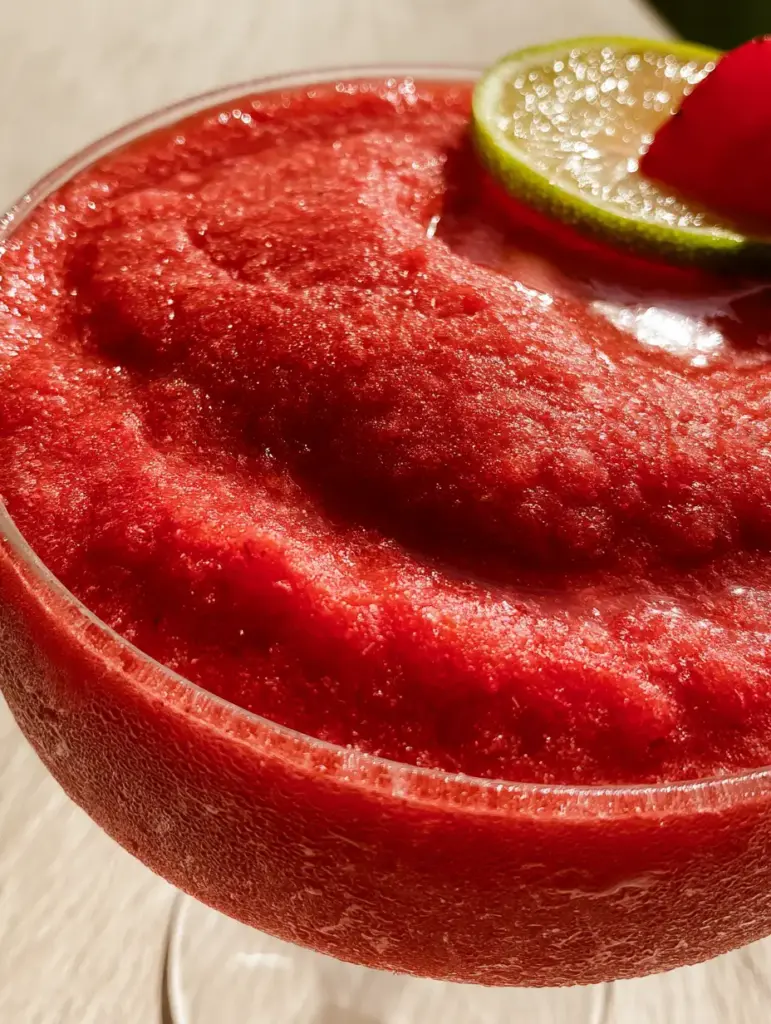 Heavy condensation and tiny water droplets on a chilled glass filled with a ruby-red strawberry daiquiri.