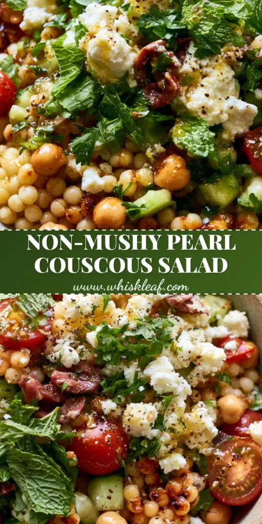 Couscous Salad with Toasted Pearl Grains and Zesty Lemon-Herb Vinaigrette 3 A close-up top-down view of a colorful couscous salad with toasted pearl grains, heirloom tomatoes, and feta in a rustic bowl.
