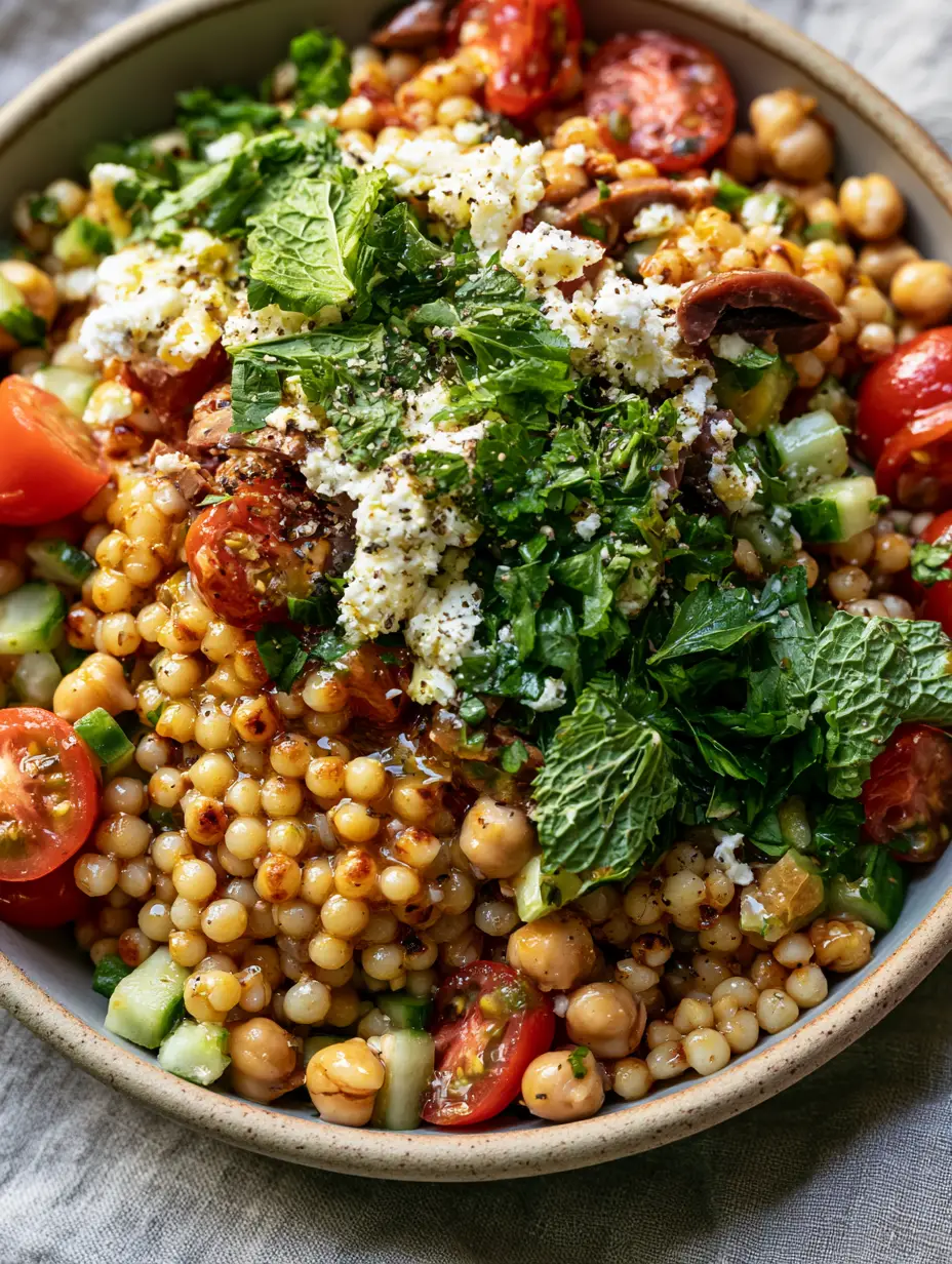Couscous Salad with Toasted Pearl Grains and Zesty Lemon-Herb Vinaigrette 4 Top-down angled close-up of a rustic matte stoneware bowl filled with mediterranean couscous salad showing toasted grains and fresh herbs.
