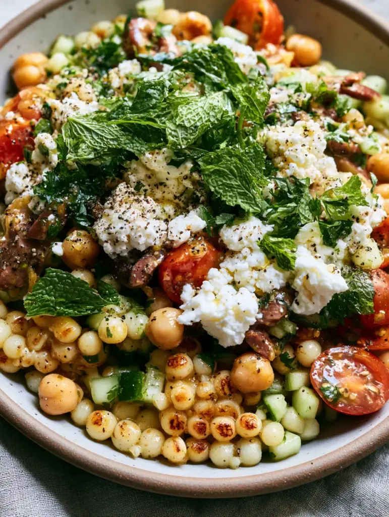 Couscous Salad with Toasted Pearl Grains and Zesty Lemon-Herb Vinaigrette 1 Close-up of glossy lemon-herb vinaigrette coating chickpeas and cherry tomatoes in a couscous salad.